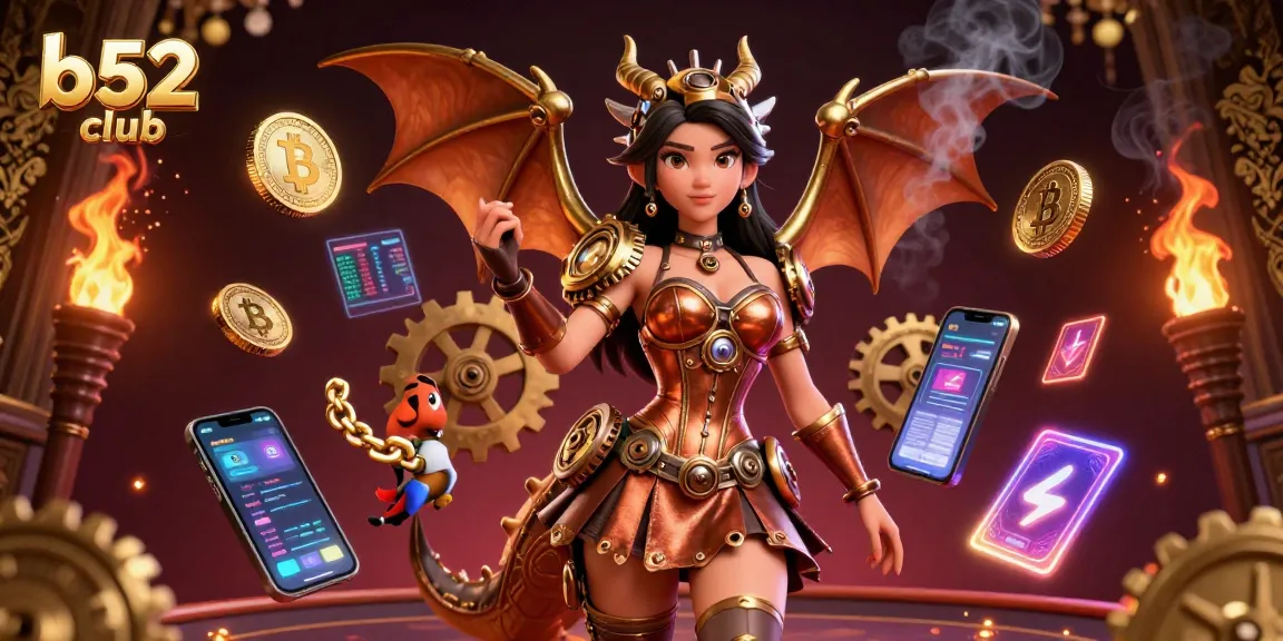 B52 club showcases thrilling casino elements with steampunk characters and crypto coins in a vibrant scene.