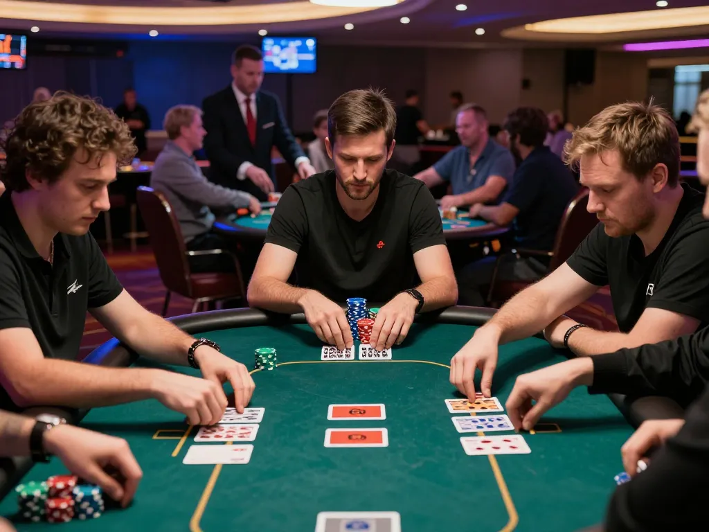 33WIN poker players strategizing and placing bets at a high-stakes casino table.
