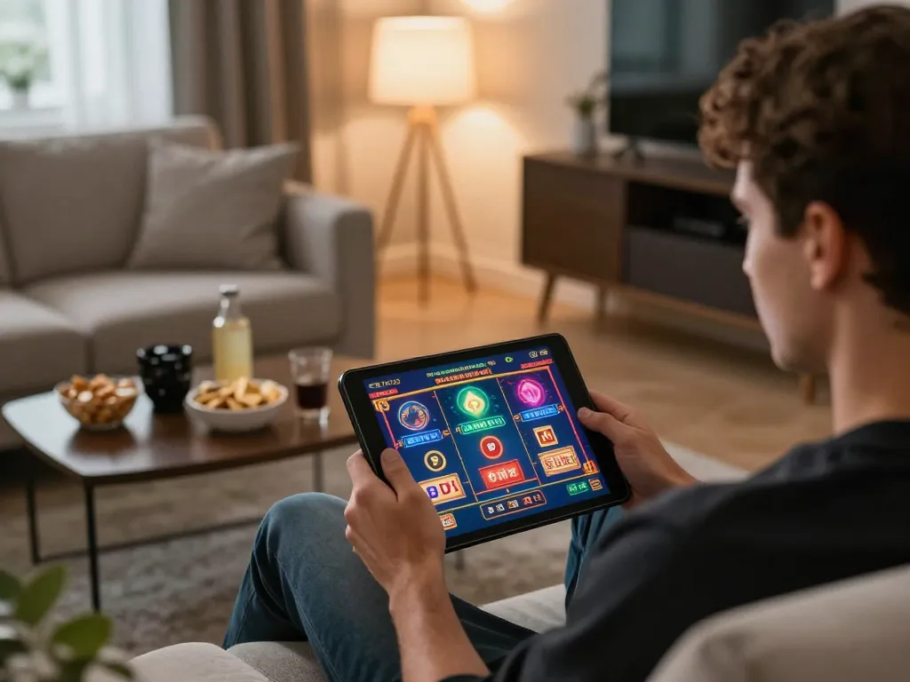 Player enjoying online games at home with 23win casino interface displayed on tablet