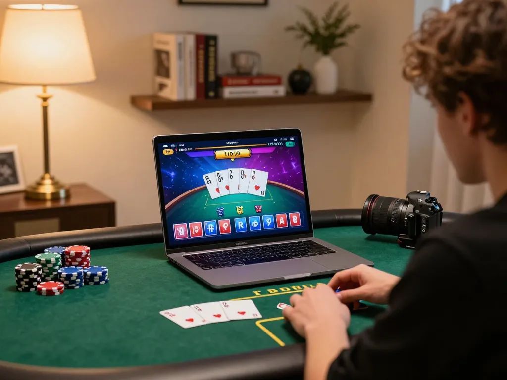 Player enjoying sc88 online poker game in a cozy home setup with warm lighting.