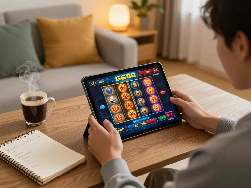 Player enjoying an exciting GG88 slot game on a tablet, cozy home setting with strategy notes nearby.