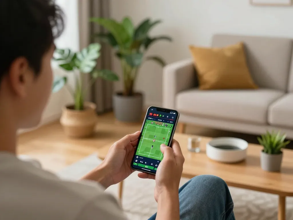 Engaging in sports betting with 8kbetbh on a smartphone in a cozy home setting