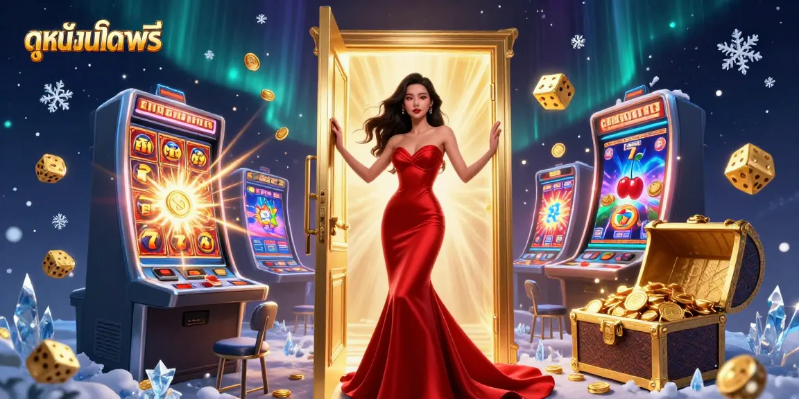 Win big with ดูหนังออนไลน์ฟรี in a vibrant casino scene featuring a striking Asian woman in a red gown.