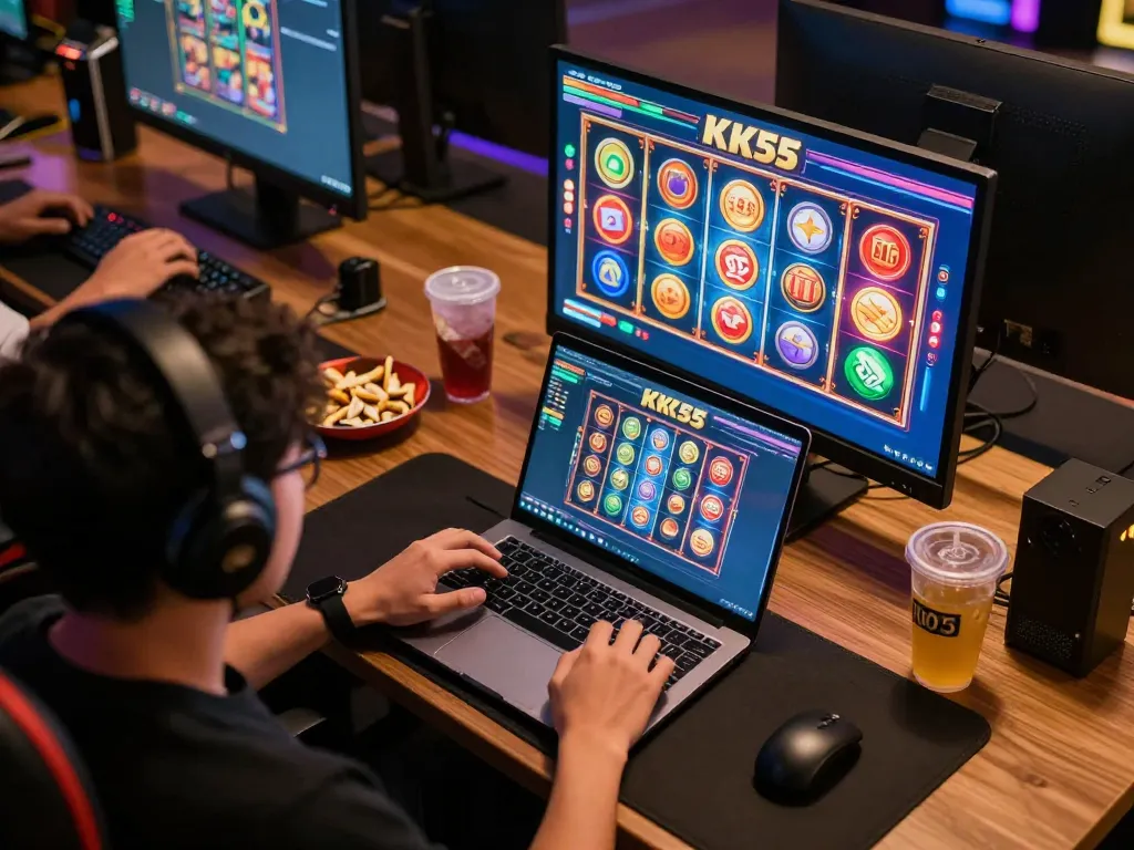 Engaging gameplay in KK55 on laptop with colorful slots and cozy atmosphere