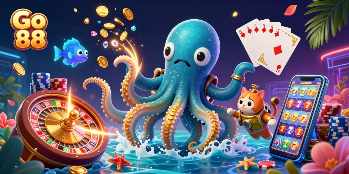 Engage with Go 88's dynamic casino scene featuring a kraken, diving cat, and exciting game elements.