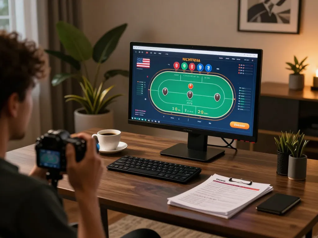 Engaging in online poker at home with F168 on the screen, showcasing strategic gameplay