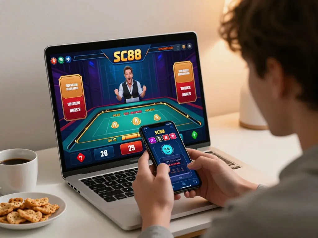 Engaging with link vào sc88 on a smartphone, placing bets in an exciting live dealer game setup.