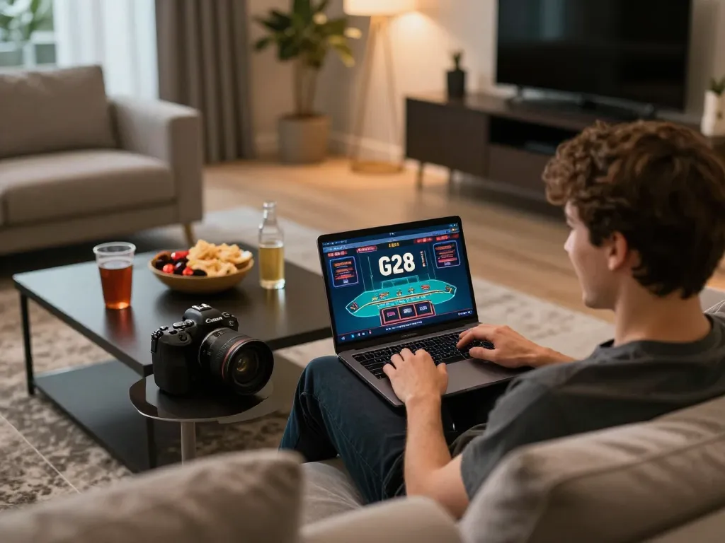 Player enjoying G28 online gaming on a laptop in a cozy home setting.