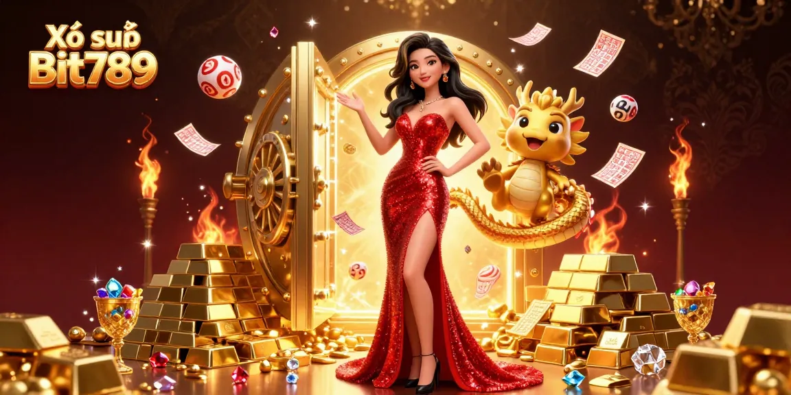 Xổ số Bit789 showcases a vibrant lottery scene with an elegant lady and a golden dragon mascot.