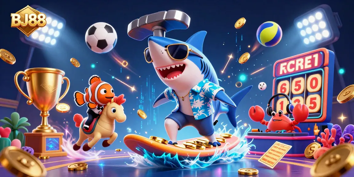 Experience the vibrant energy of BJ88's 3D casino scene with a surfing shark and dynamic gaming elements.