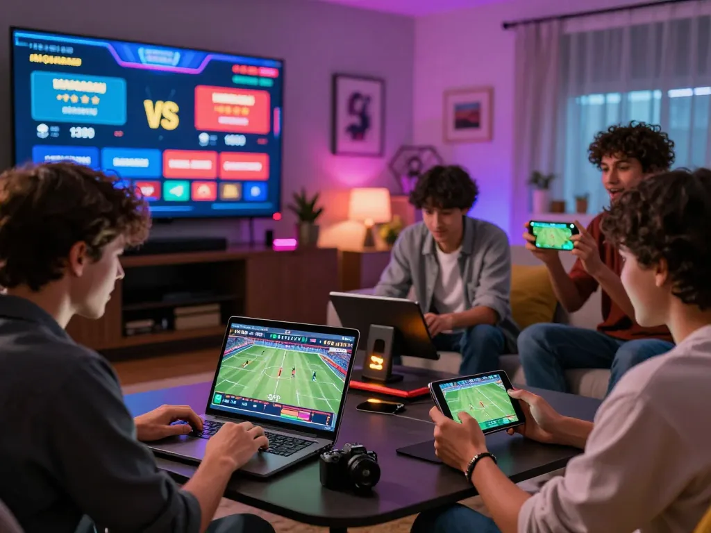 Players engaging with 8KBET online betting platform in a vibrant living room.