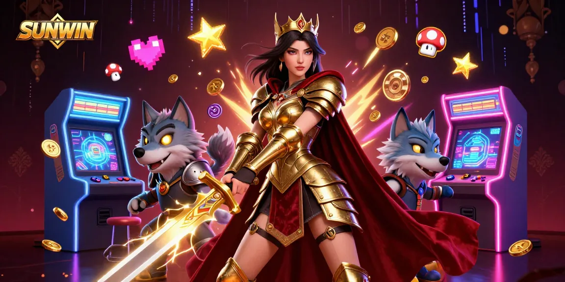 SUNWIN brings thrilling gaming experiences with arcade machines and a warrior queen in a vibrant casino.