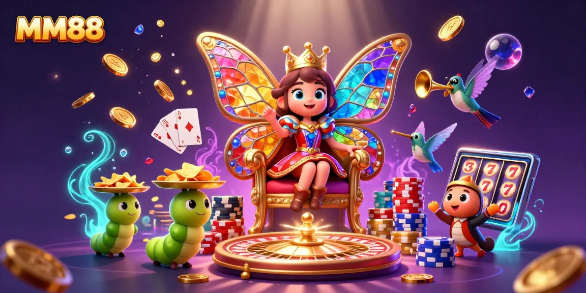 Engage with MM88 as falling coins and color-filled casino elements highlight the vibrant gaming scene.