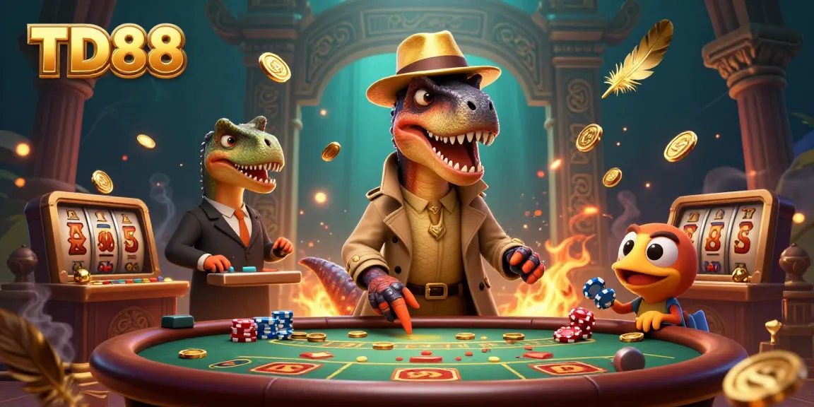 Witness TD88's thrilling casino scene featuring a clever velociraptor and curious characters amidst gold tokens and vibrant elements.