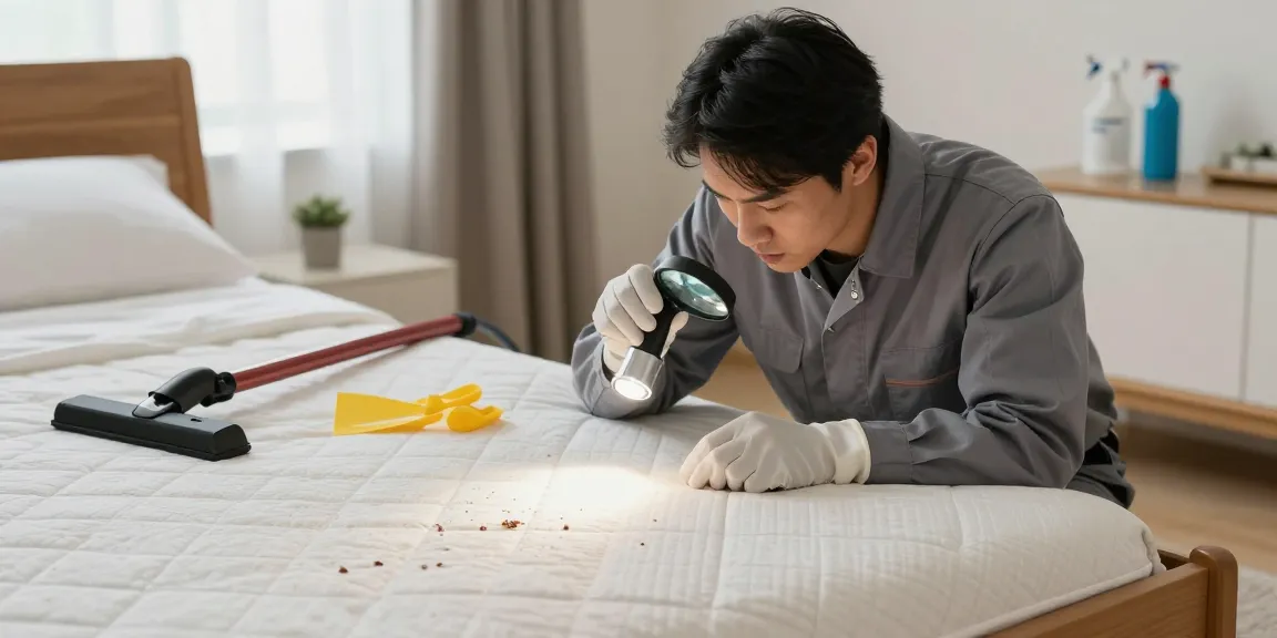 Thorough bed bug control inspection in a cozy bedroom setting.