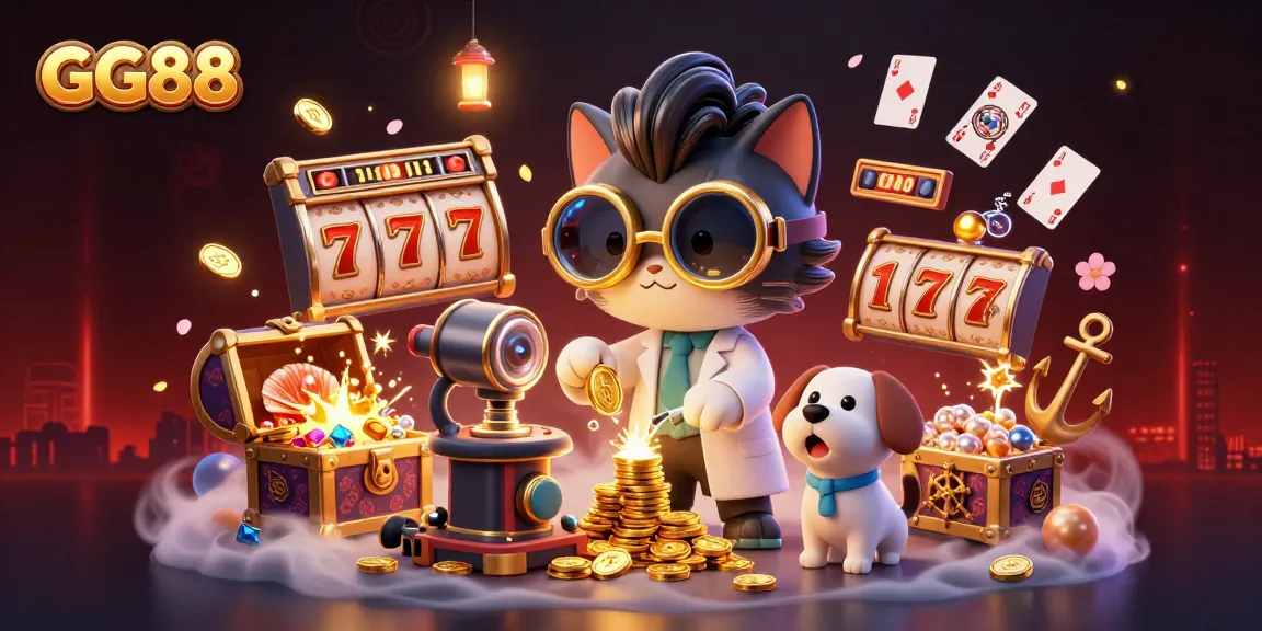Spin the reels with GG88 as mad scientist cat and loyal dog create winning moments in a vibrant casino scene.