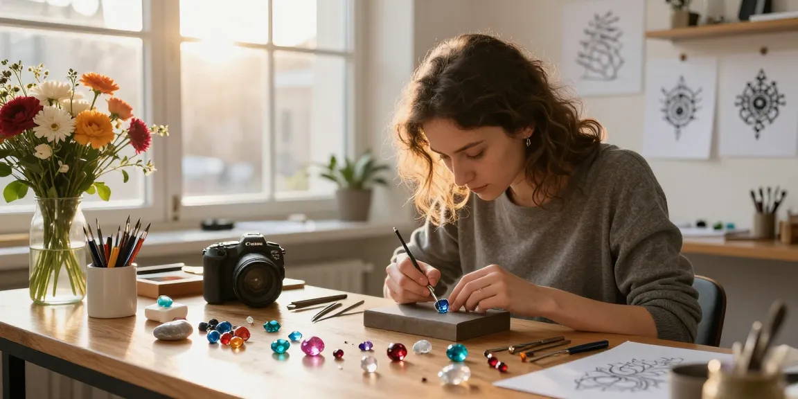 UK jewellery designer crafting unique ocean-inspired pieces in a stylish studio.