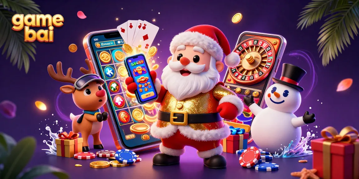 Win big with game bai as Santa Claus, reindeer, and snowman enjoy exciting casino elements.