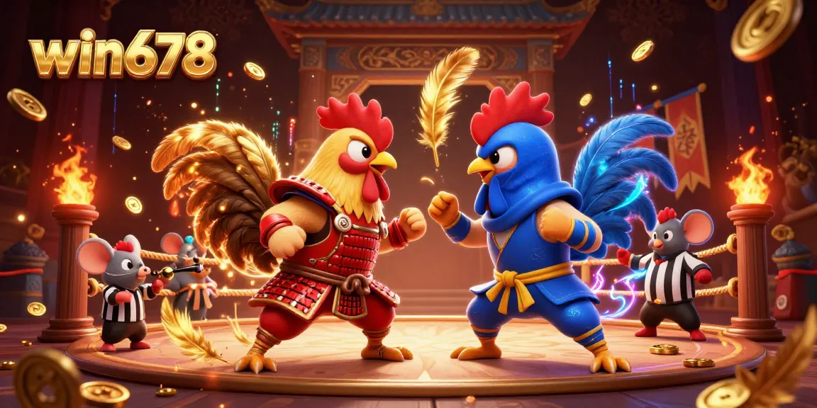 Engage in a thrilling win678 standoff between fighting roosters, surrounded by dynamic casino game elements.