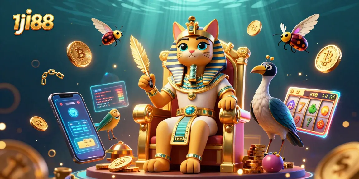 Play at 1j188 with a vibrant 3D jackpot scene, featuring royal characters and crypto elements.