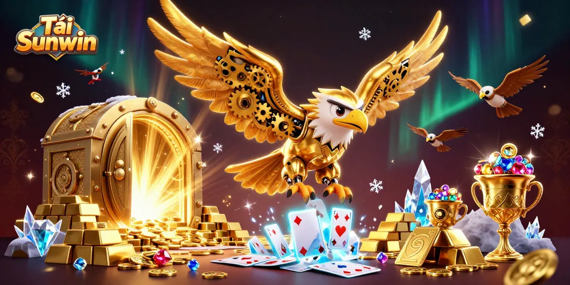 Tải Sunwin with cybernetic eagle soaring through cascading holographic cards in a rich casino-themed setting.