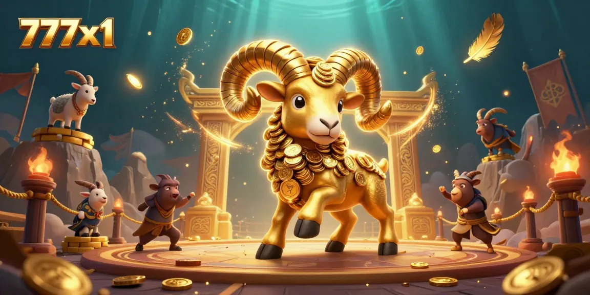 Engage in thrilling betting activities with 777x1 at a vibrant casino scene featuring a golden ram and exciting game elements.