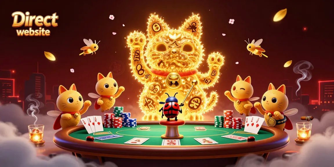Engage with the Direct website's dynamic lucky cat casino illustration showcasing vibrant gambling elements.