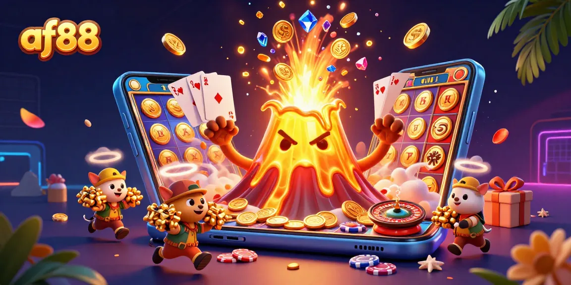 Experience exciting gaming action with af88, featuring a triumphant volcano and treasure-filled scene.
