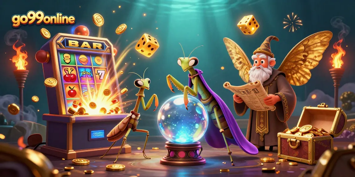 Engage with go99online's vibrant casino scene featuring a praying mantis fortune teller and slot machine jackpot.