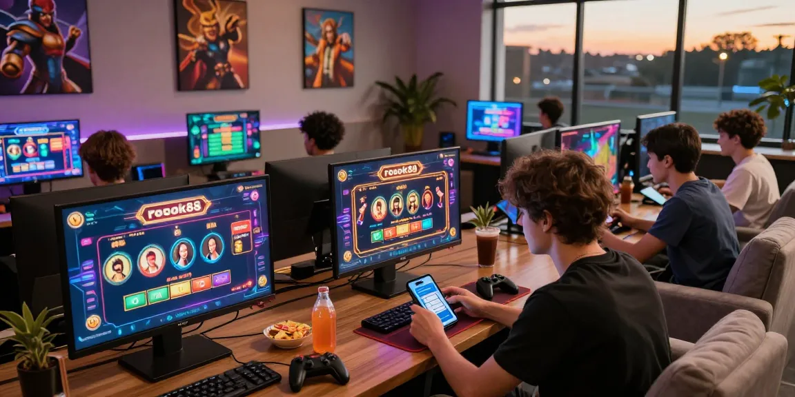 Exciting online gaming scene at rokok88, players enjoy diverse casino games in a vibrant lounge.