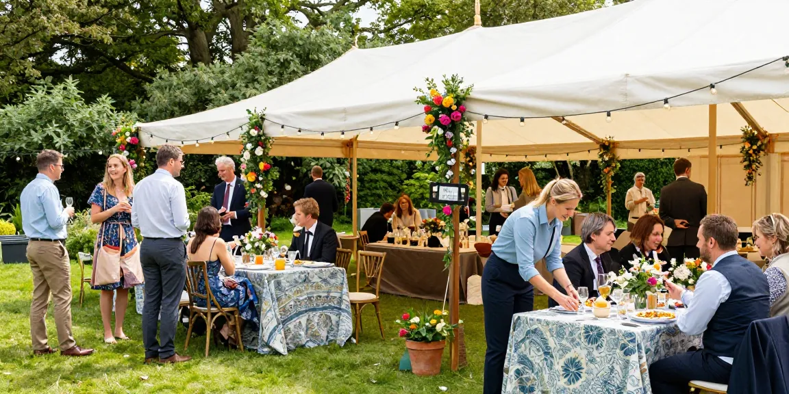 Marquee hire London event showcasing a beautifully decorated marquee in a lush garden, with guests enjoying the festive atmosphere.