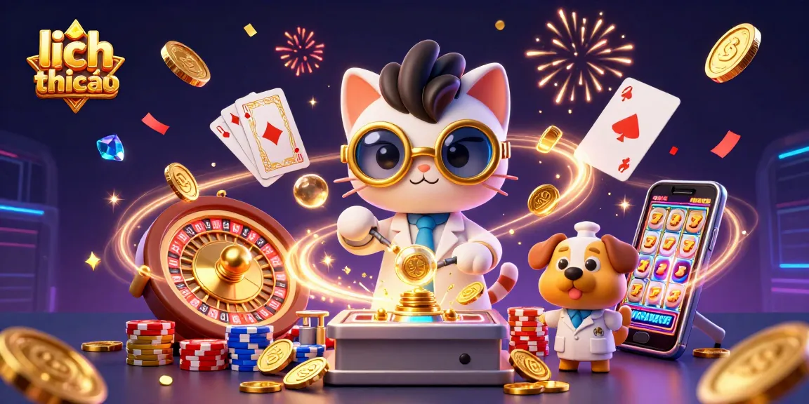 Experience the excitement of lịch thi đấu as golden coins cascade around the mad scientist cat and dog in a vibrant casino scene.