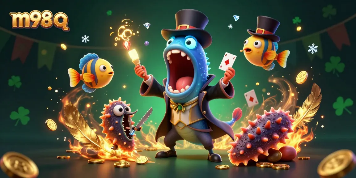 Engage with m98 q as the deep-sea gulper eel performs card tricks in a vibrant casino-themed scene.