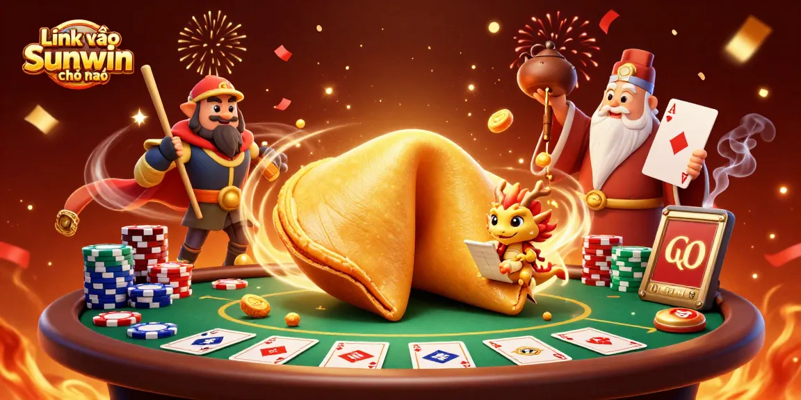 Engage with Link vào Sunwin chính thức at a vibrant casino scene, showcasing a giant fortune cookie and poker elements.