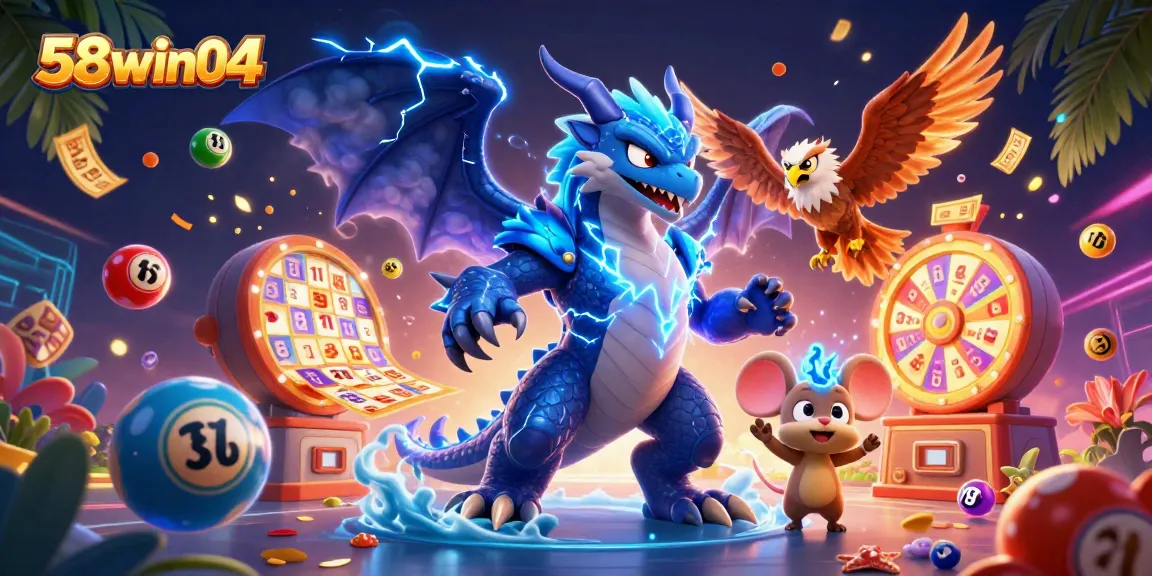 Experience thrilling action at 58win04 with cartoon dragon and vibrant gaming elements!