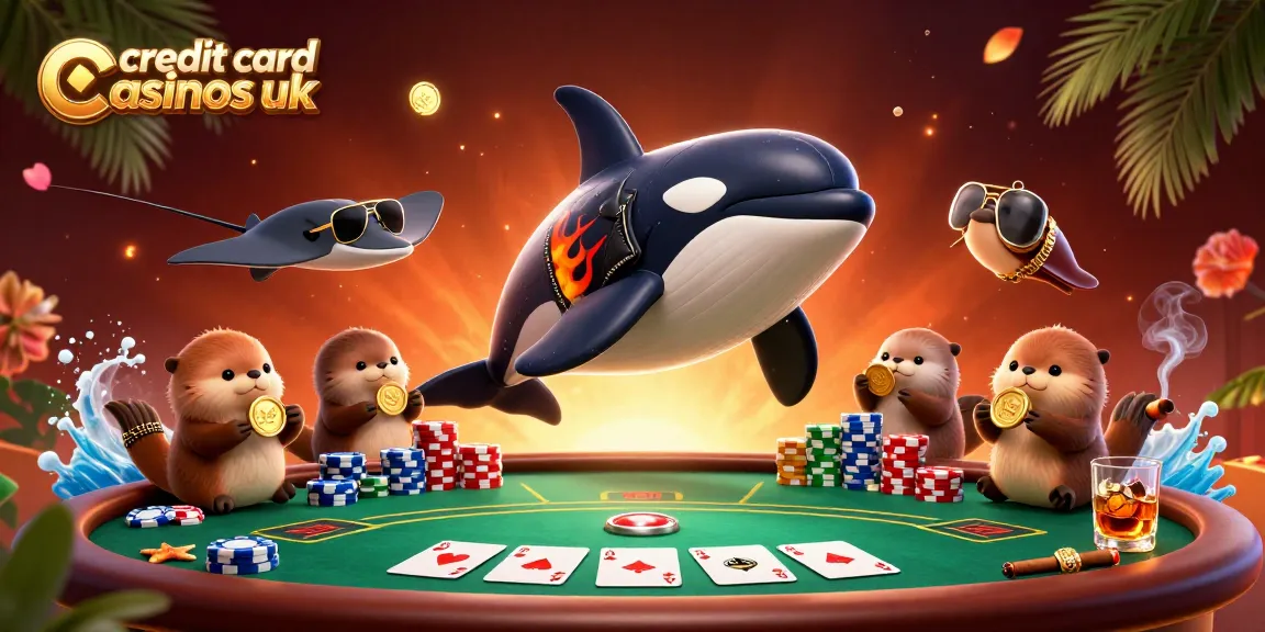 Experience excitement at credit card casinos UK with an animated scene of playful sea creatures enjoying poker.
