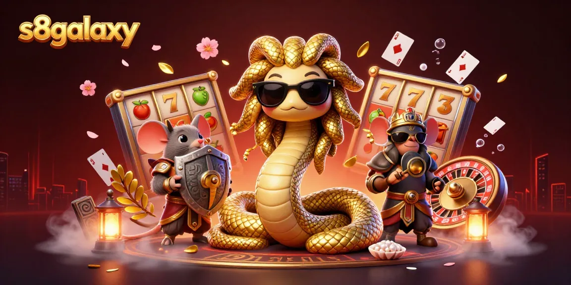 Experience thrilling gameplay at s8galaxy with a cute Medusa and warrior mouse in a vibrant casino scene.