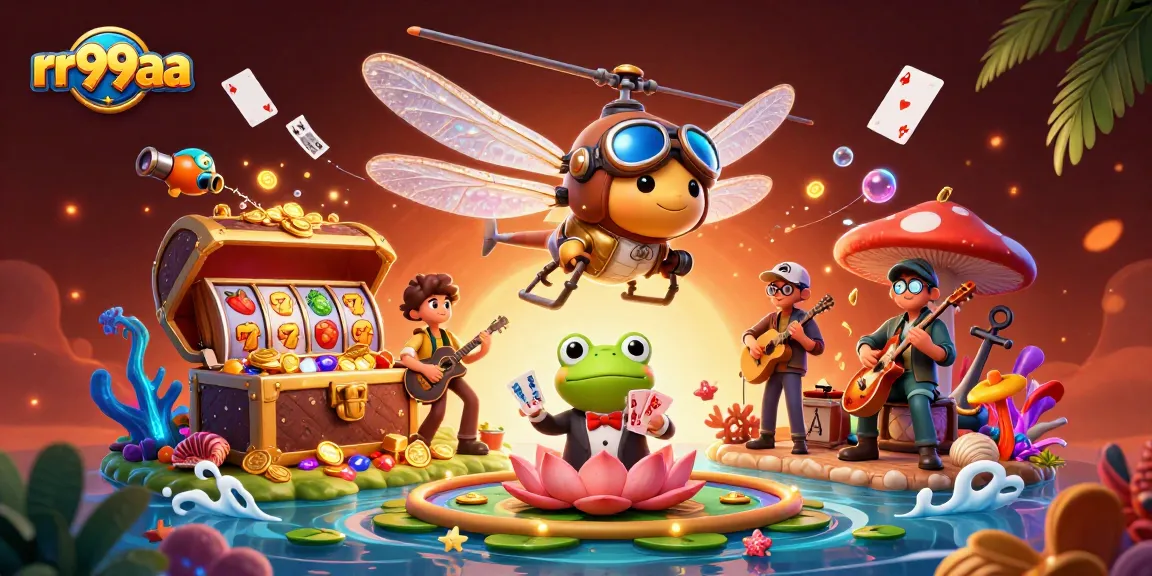 Experience thrilling gaming at rr99aa with a vibrant casino scene featuring a dragonfly pilot, frog dealer, and jazzy crickets.