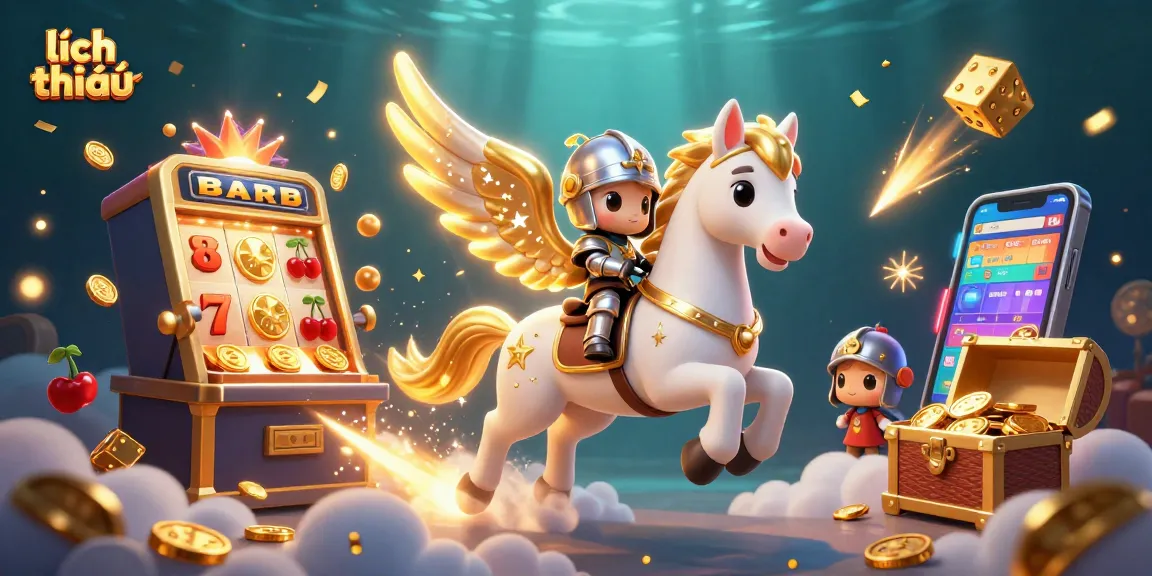 Experience the excitement of lịch thi đấu with the golden-winged horse and jackpot elements in a vibrant casino scene.