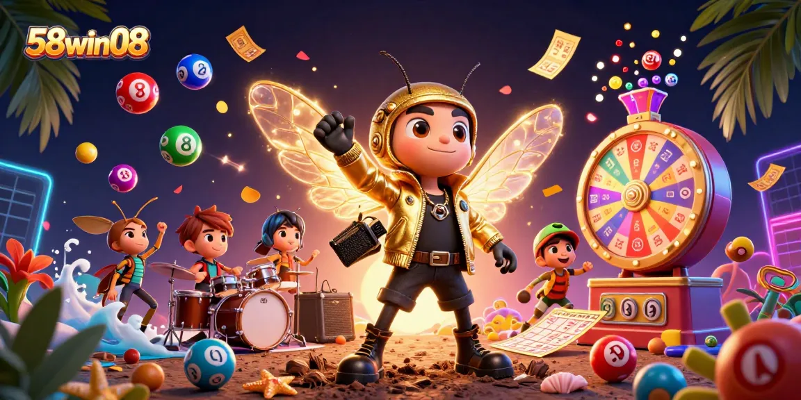 Engage with 58win08's gaming excitement, featuring colorful lottery elements and dynamic characters.