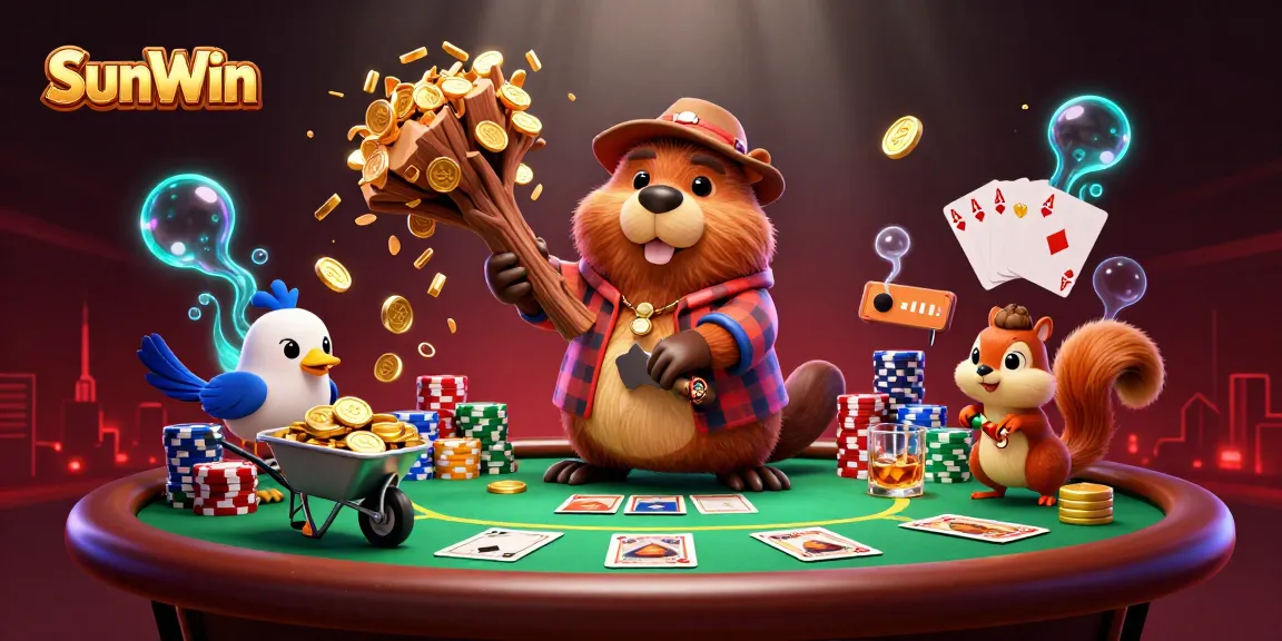 Engage with SunWin's dynamic gaming scene featuring a beaver, bird, and squirrel around a poker table.