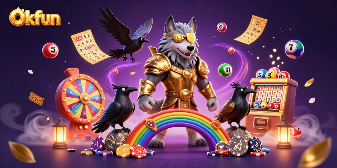 Engage with Okfun's vibrant casino universe featuring Odin and his ravens amid lottery action.