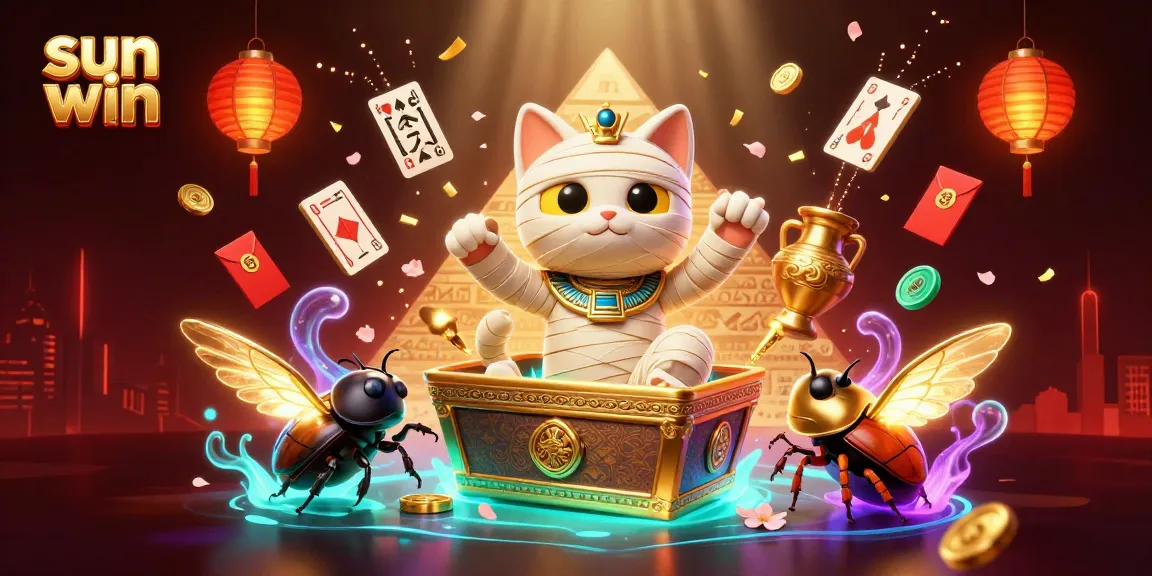 Experience the fun of sun win with a vibrant 3D casino scene featuring an Egyptian mummy cat and glowing elements.