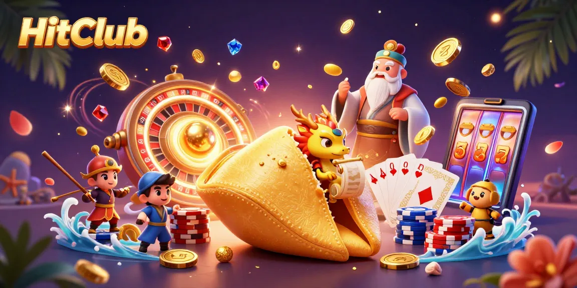 HitClub offers a vibrant casino experience with golden coins and a dragon reading fortunes.
